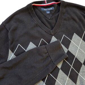 Tommy Hilfiger Mens Med Argyle Sweater V Neck Long Sleeve Black Classic Preppy